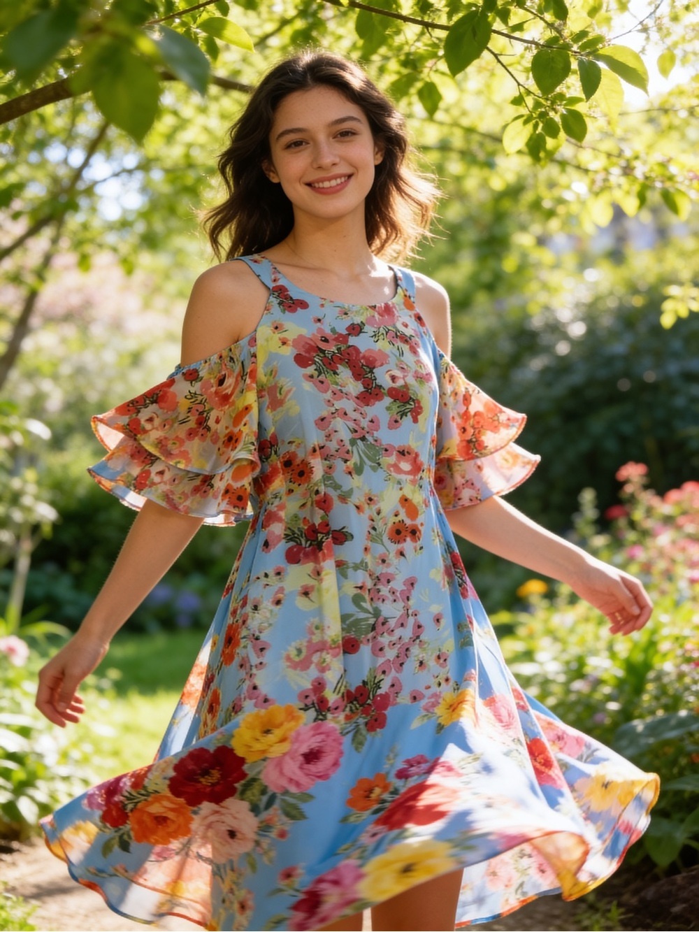 Vince Camuto Light Blue Floral Cold-Shoulder Mini Dress
